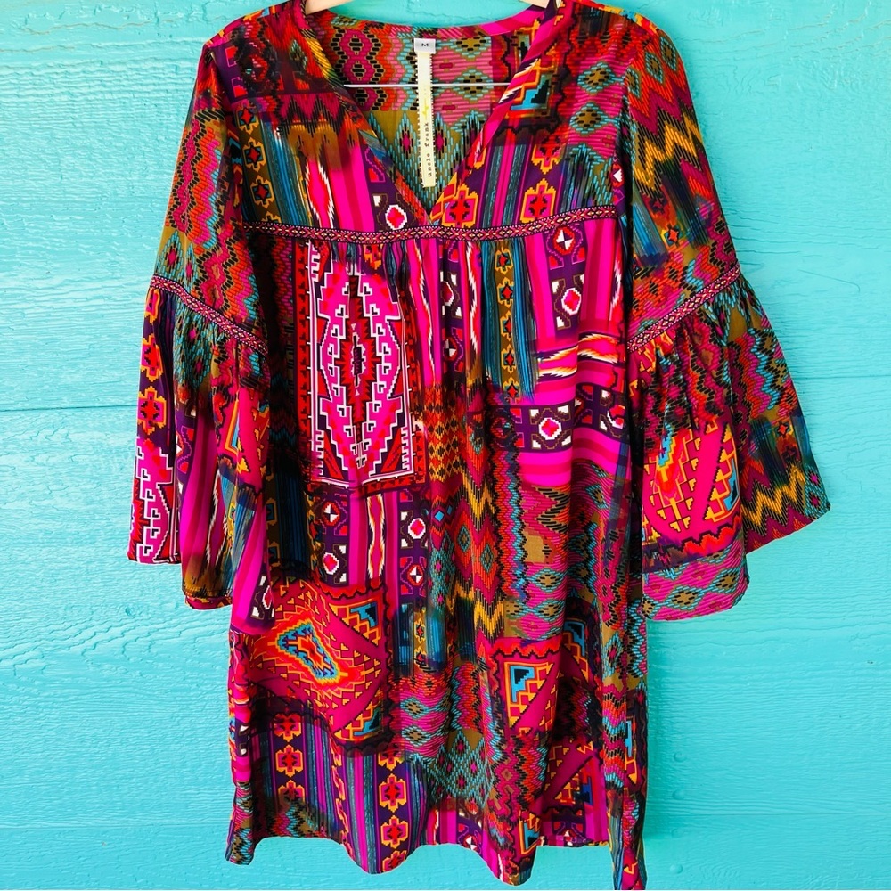 Uncle Frank Patchwork Dress Aztec Western Print V-Neck 3/4 Bell Sleeves M - Picture 3 of 11
